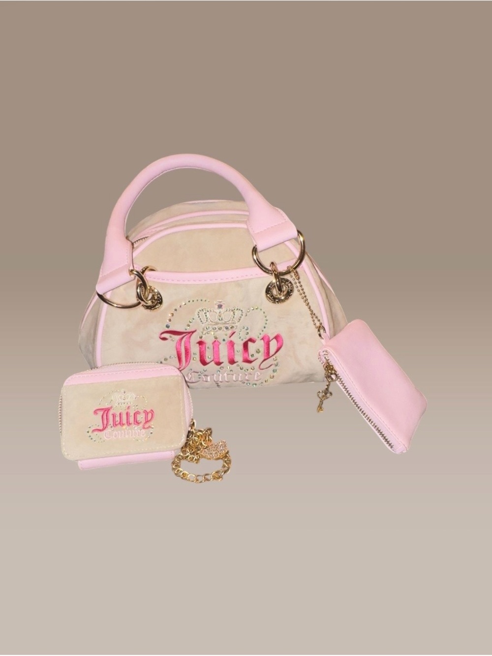 Juicy Couture Pink Velour Mini Bowler Bag Wallet & Pouch 3-Piece Set NWOT